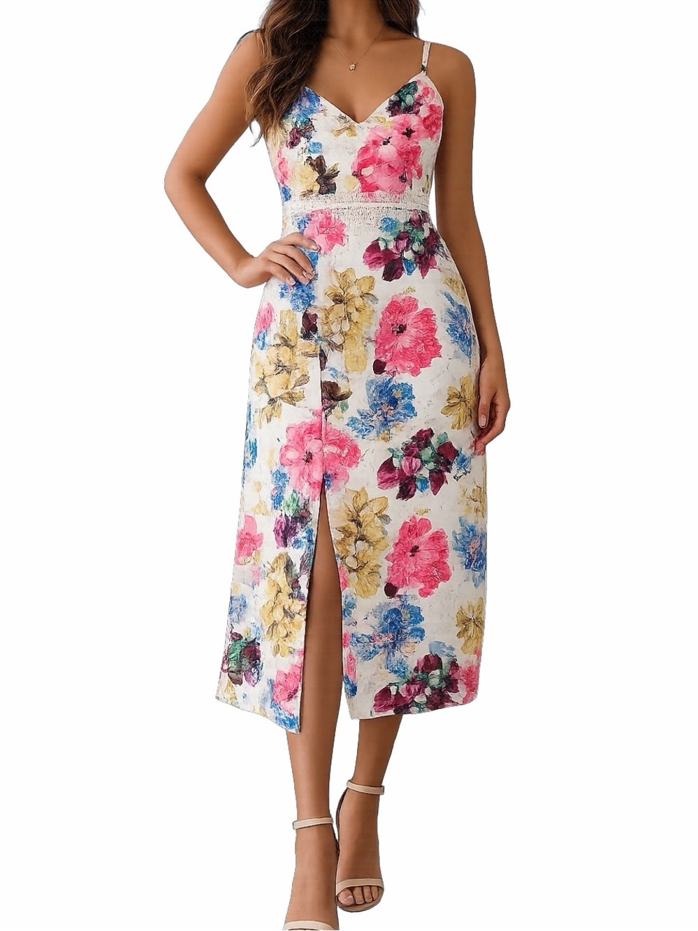 Dress the Population Floral Midi Dress Joelle Raspberry Lace Watercolor Medium